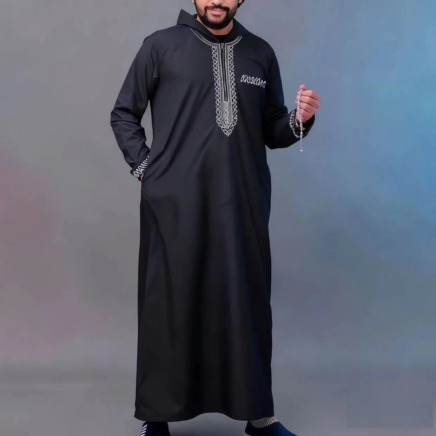 Muslim men's thobe Moroccan long sleeves embroidered hooded design Islamic loose Man Robe Jelleba Traditional Clothing for party
