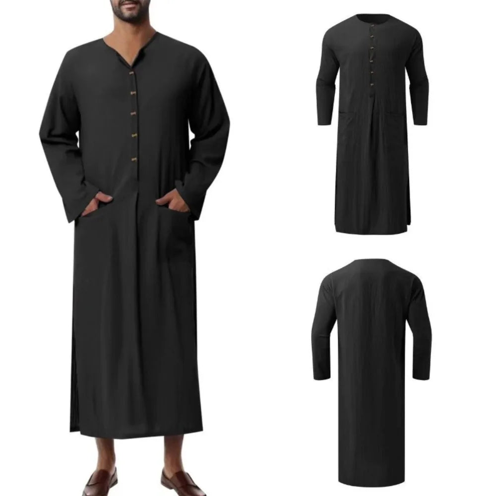Middle Eastern Mens Thobe Dubai Style Loose Stand Collar Long Sleeve Robe Traditional Islamic Wear
