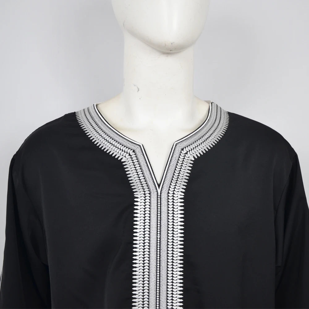 Men's Muslim Thobe Islamic Middle East Traditional Robe Embroidered Short Sleeve Loose Kaftan Arab Abaya Ethnic Clothing