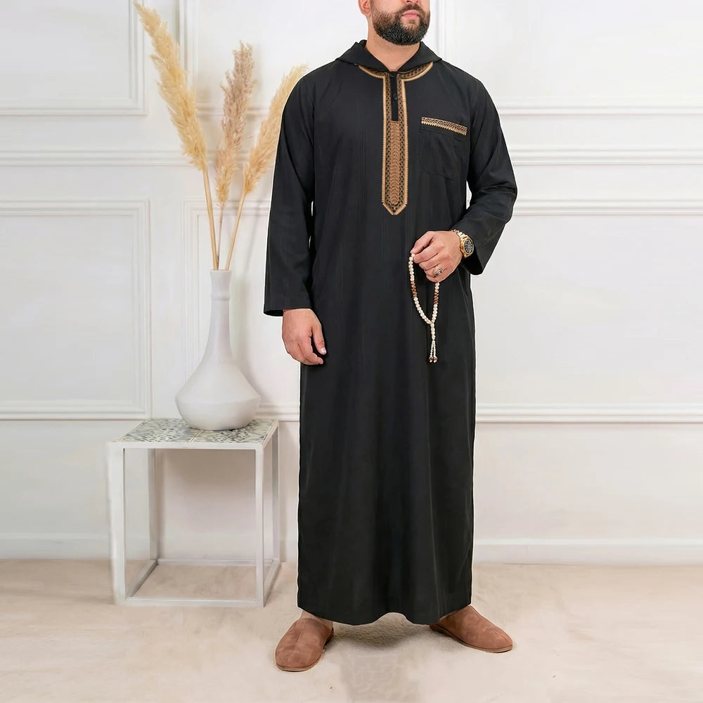 Muslim men's thobe Moroccan long sleeves embroidered hooded design Islamic loose Man Robe Jelleba Traditional Clothing for party
