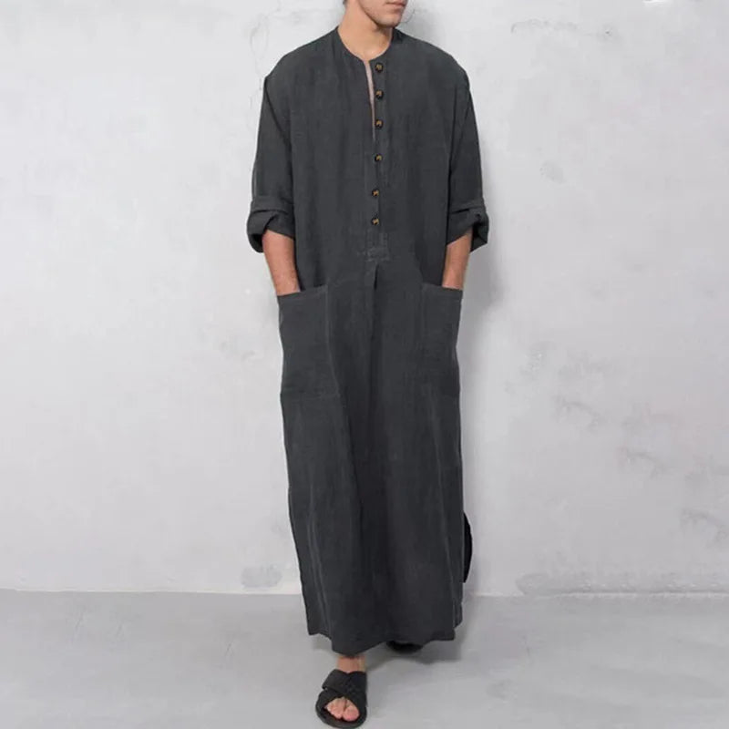Middle Eastern Mens Thobe Dubai Style Loose Stand Collar Long Sleeve Robe Traditional Islamic Wear