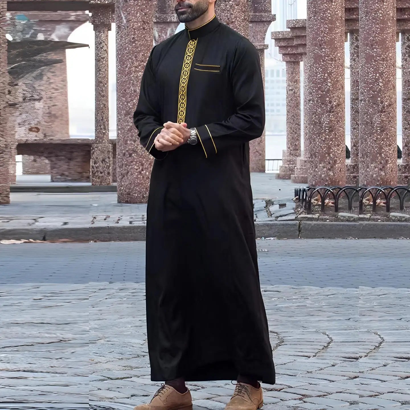 Muslim men's thobe Moroccan long sleeves embroidered hooded design Islamic loose Man Robe Jelleba Traditional Clothing for party