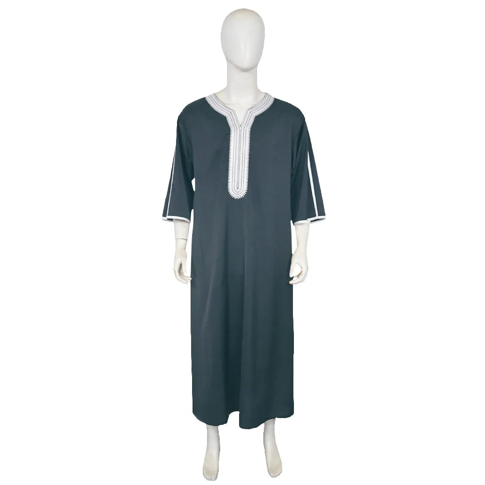 Men's Muslim Thobe Islamic Middle East Traditional Robe Embroidered Short Sleeve Loose Kaftan Arab Abaya Ethnic Clothing