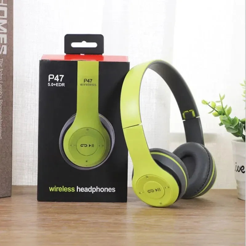 P47 Bluetooth 5.0 Wireless Foldable Headphones – HIFI Stereo Bass with Mic, USB Adapter, Gaming & Kids Gift