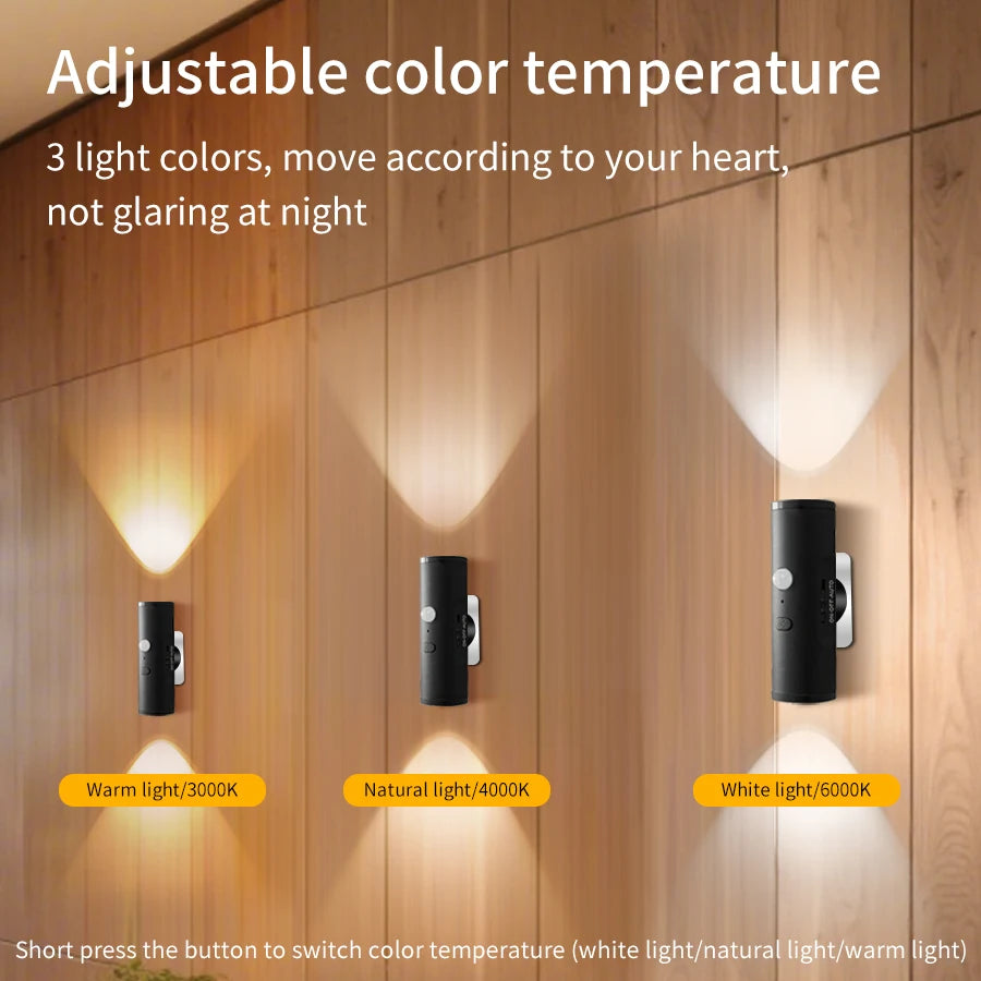 Motion Sensor LED Night Light 3 Color Double-head Wall Lamp Rechargeable Magnetic Spotlight For Bedroom Closet Garden Room Decor