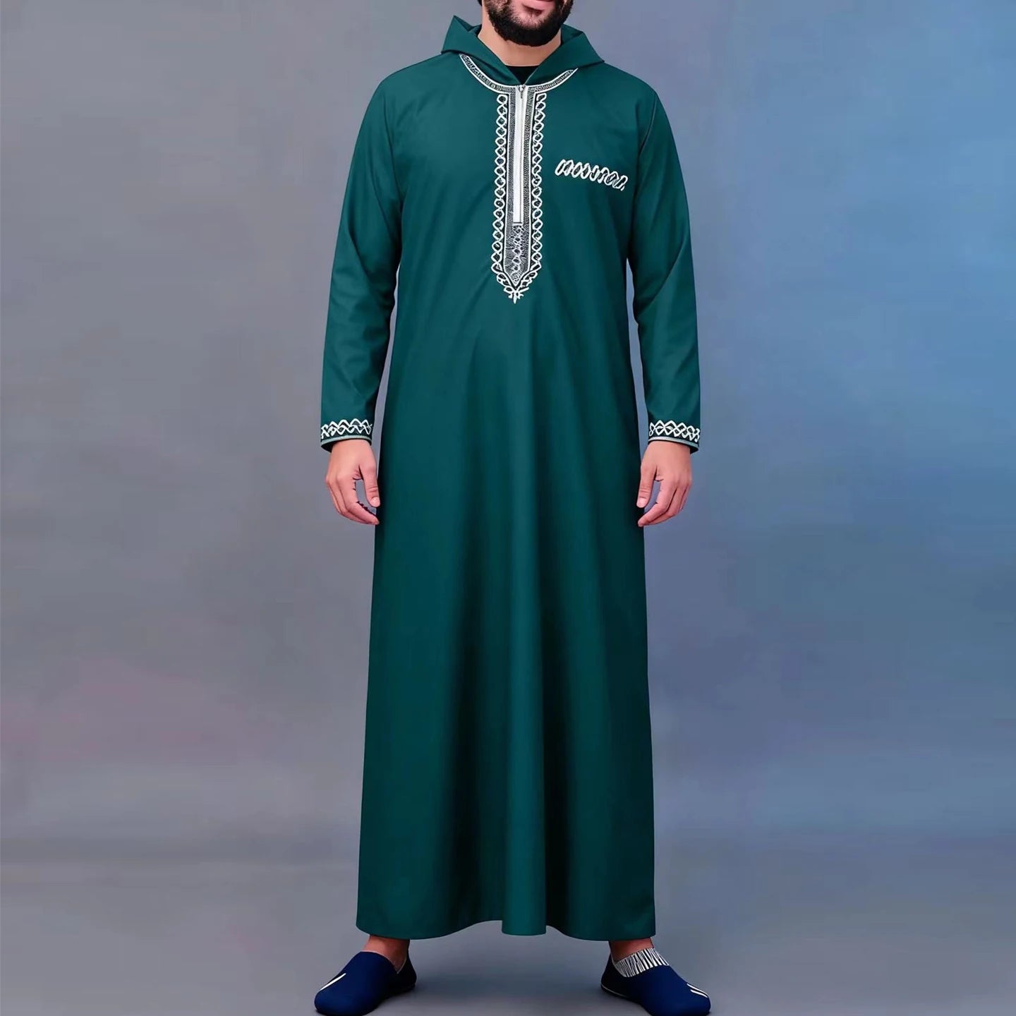 Muslim men's thobe Moroccan long sleeves embroidered hooded design Islamic loose Man Robe Jelleba Traditional Clothing for party