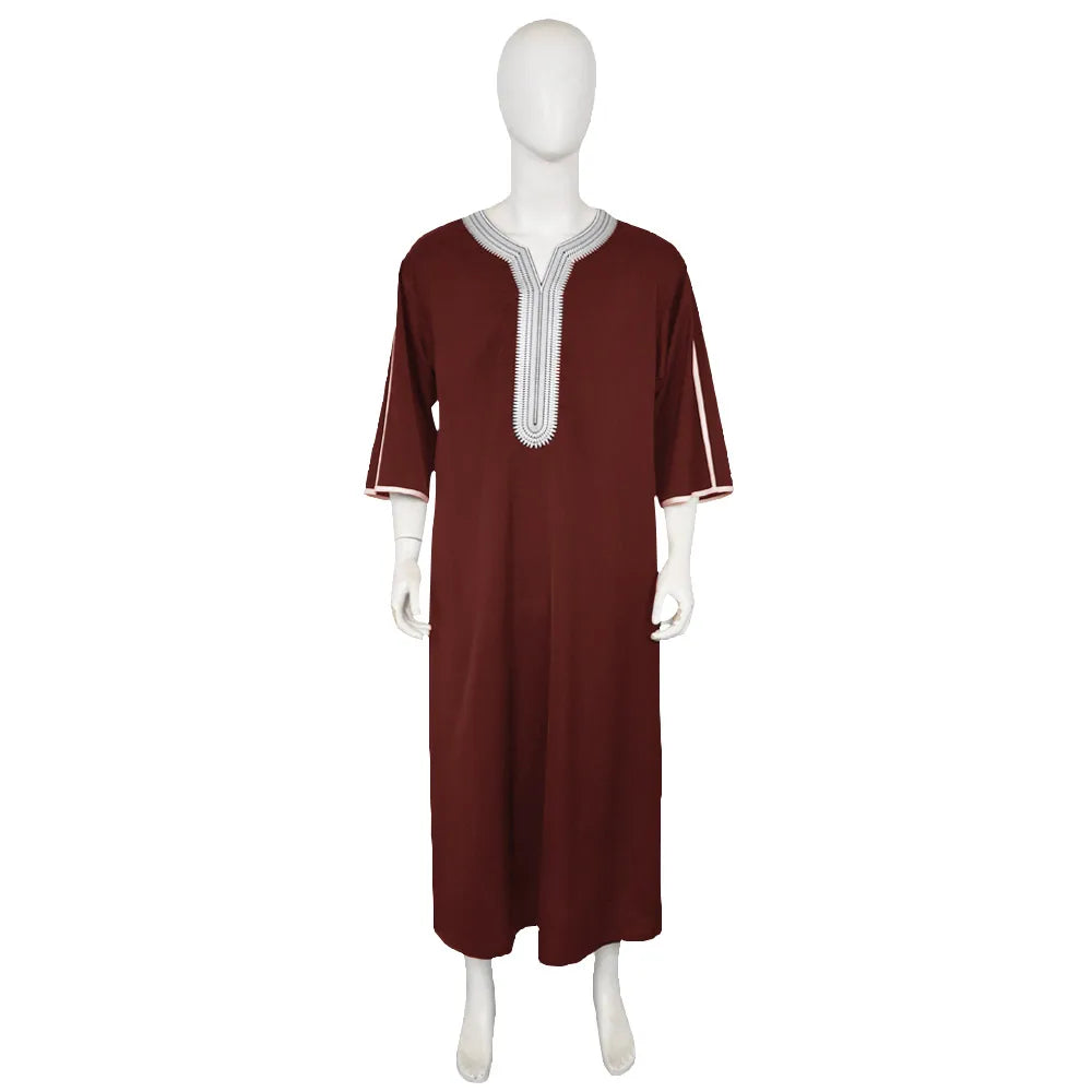 Men's Muslim Thobe Islamic Middle East Traditional Robe Embroidered Short Sleeve Loose Kaftan Arab Abaya Ethnic Clothing