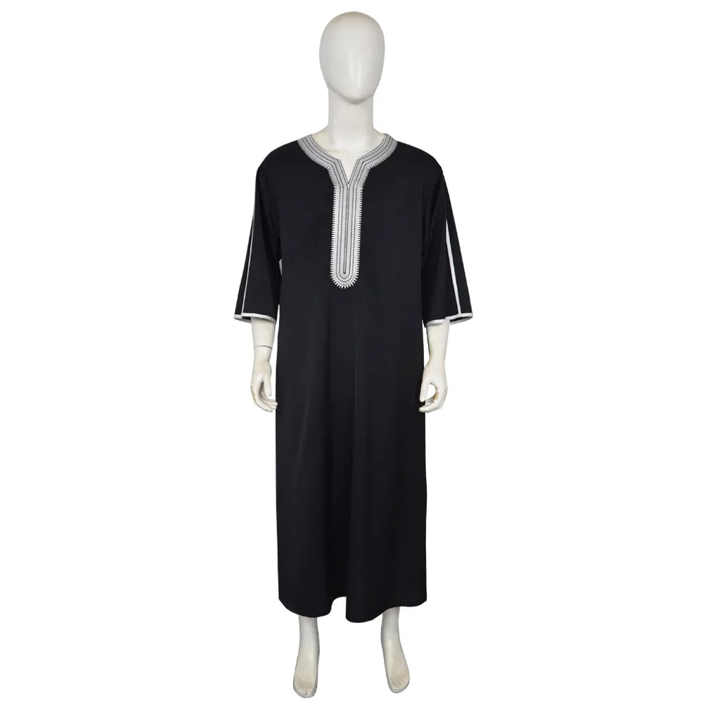 Men's Muslim Thobe Islamic Middle East Traditional Robe Embroidered Short Sleeve Loose Kaftan Arab Abaya Ethnic Clothing