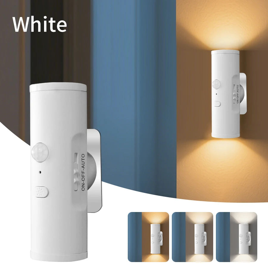 Motion Sensor LED Night Light 3 Color Double-head Wall Lamp Rechargeable Magnetic Spotlight For Bedroom Closet Garden Room Decor