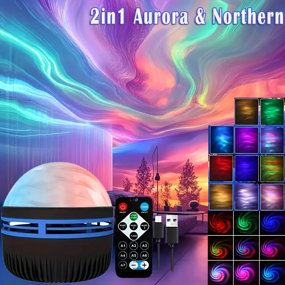 LED Night Light 7 Colors Starry Sky Projector Light Northern Aurora Ambient Light with Remote USB Auto Rotate for Bedroom Decor