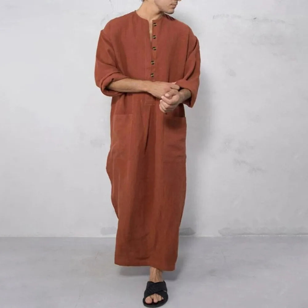 Middle Eastern Mens Thobe Dubai Style Loose Stand Collar Long Sleeve Robe Traditional Islamic Wear