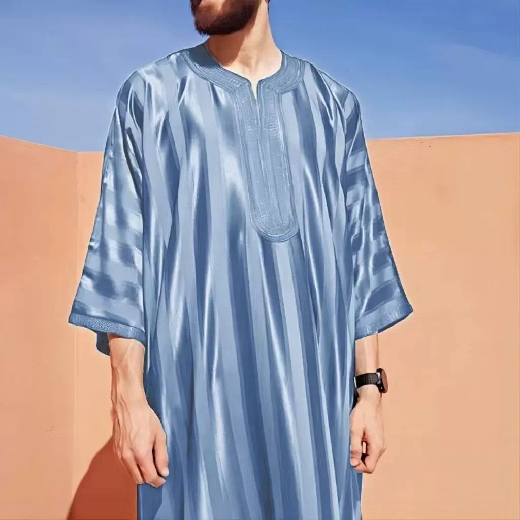 2025 New Men Muslim Abaya Islamic Clothing Men's Embroidered Striped Jubba Thobe Moroccan Dubai Kaftan Eid Prayer Robe Dress