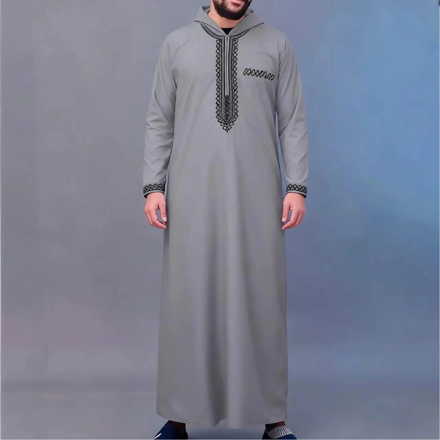 Muslim men's thobe Moroccan long sleeves embroidered hooded design Islamic loose Man Robe Jelleba Traditional Clothing for party