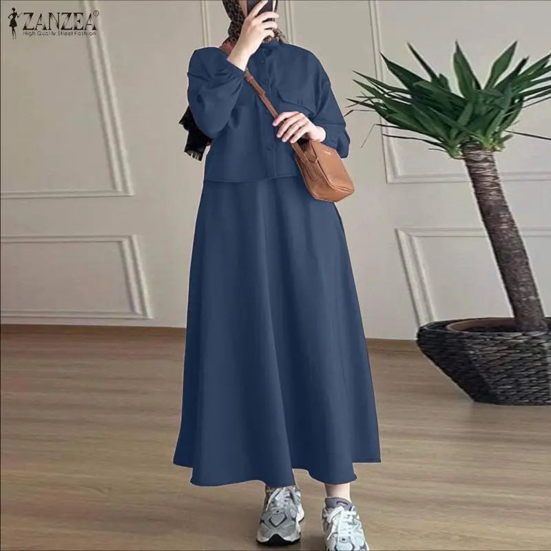 Muslim Women's Modest Fashion Skirt Suits Long Sleeve Shirts & A-Line Long Skirts 2 Pieces Sets ZANZEA Islamic Hijabs Outfits