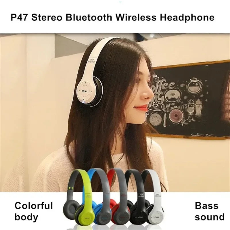 P47 Bluetooth 5.0 Wireless Foldable Headphones – HIFI Stereo Bass with Mic, USB Adapter, Gaming & Kids Gift