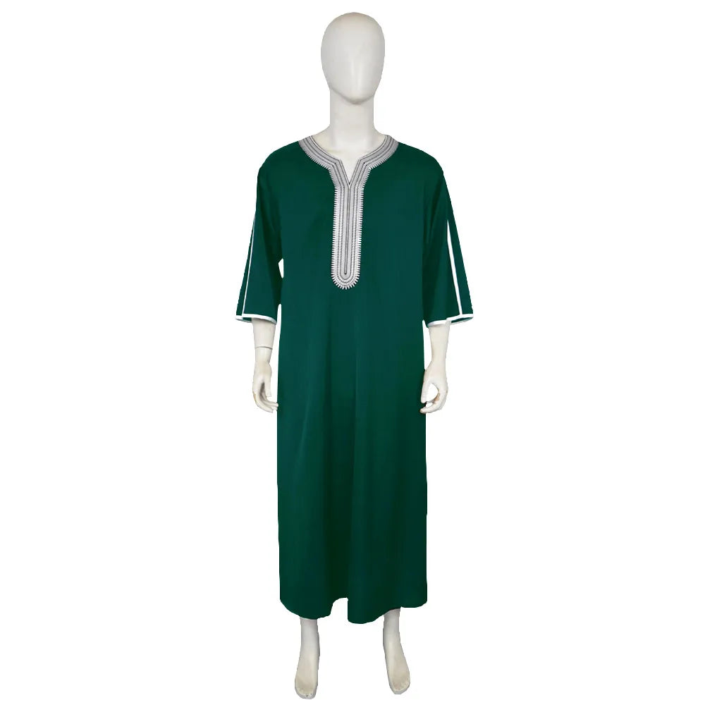 Men's Muslim Thobe Islamic Middle East Traditional Robe Embroidered Short Sleeve Loose Kaftan Arab Abaya Ethnic Clothing