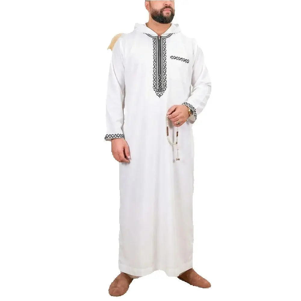 Muslim men's thobe Moroccan long sleeves embroidered hooded design Islamic loose Man Robe Jelleba Traditional Clothing for party