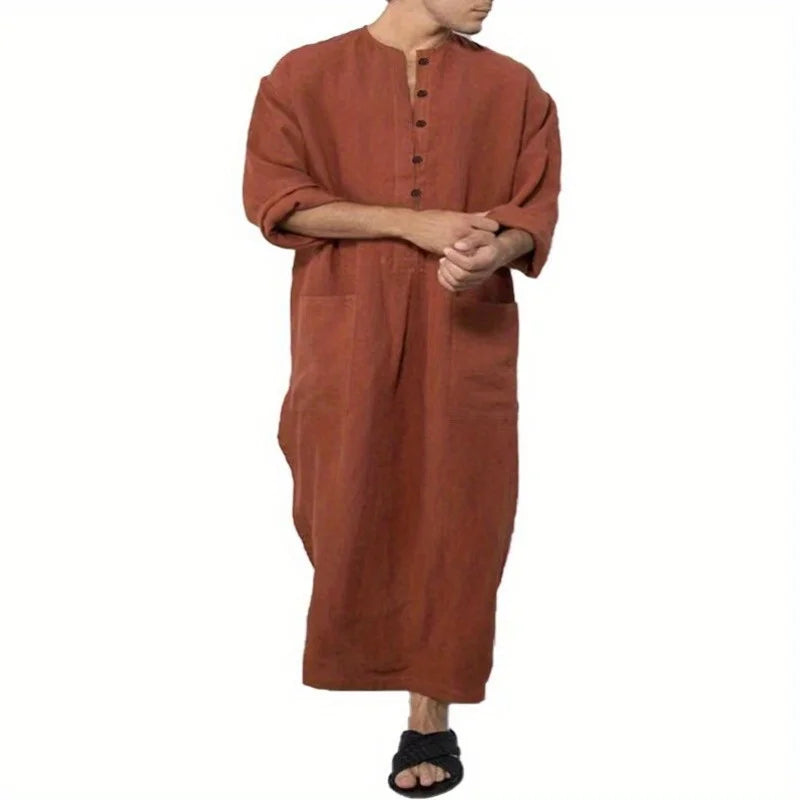 Middle Eastern Mens Thobe Dubai Style Loose Stand Collar Long Sleeve Robe Traditional Islamic Wear