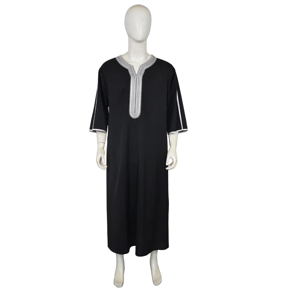 Men's Muslim Thobe Islamic Middle East Traditional Robe Embroidered Short Sleeve Loose Kaftan Arab Abaya Ethnic Clothing