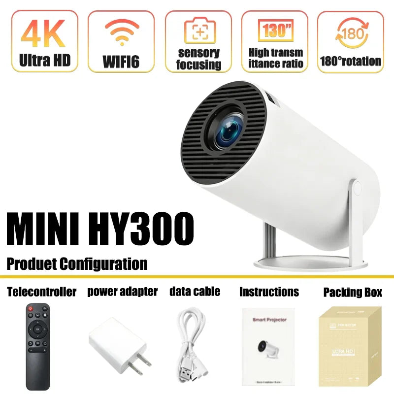 Hot Sale Mini HY300 Smart Projector Android 13 OS Native 1080P 4K Supported Auto WiFi 6 BT5.0 Portable Home Theater Projector