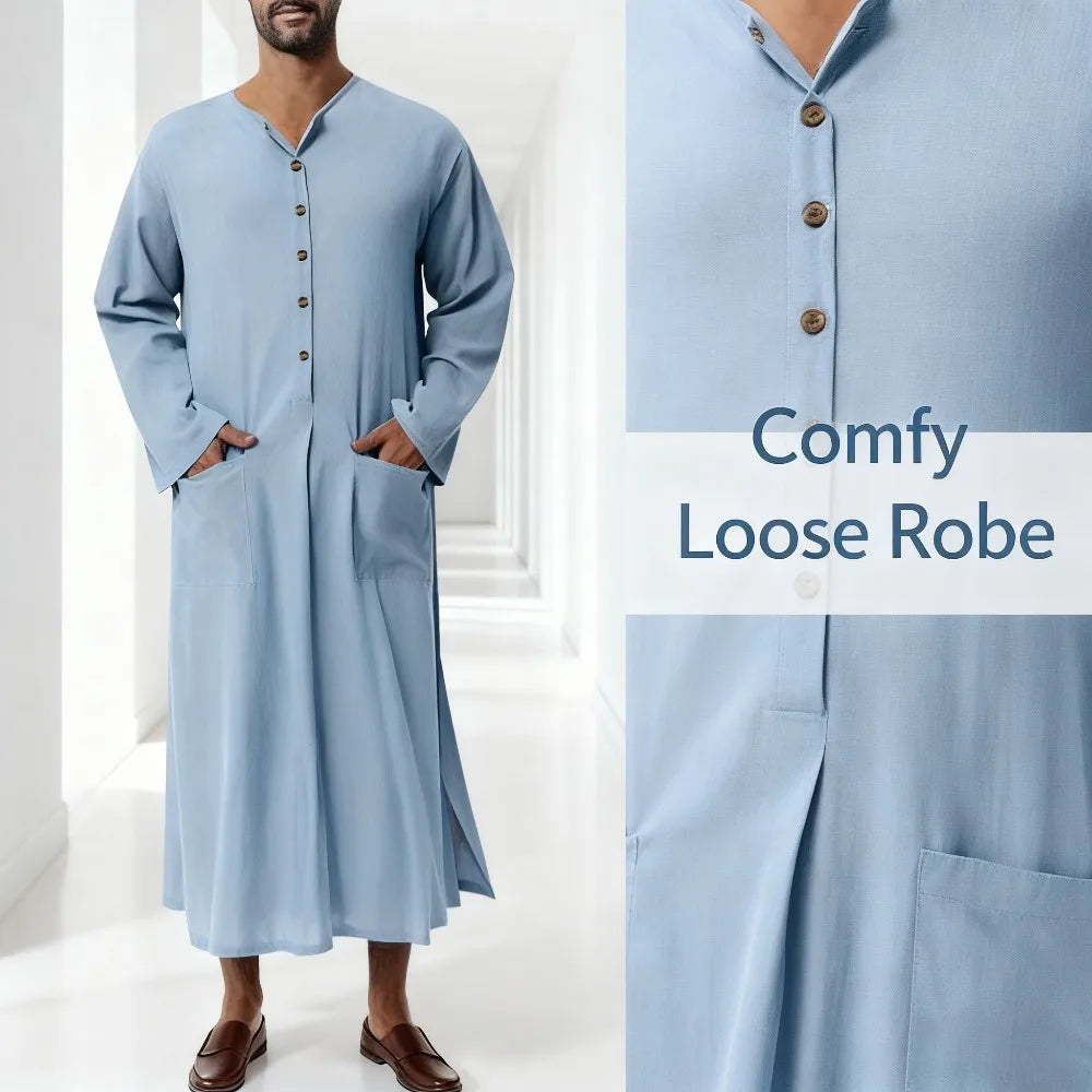 Middle Eastern Mens Thobe Dubai Style Loose Stand Collar Long Sleeve Robe Traditional Islamic Wear