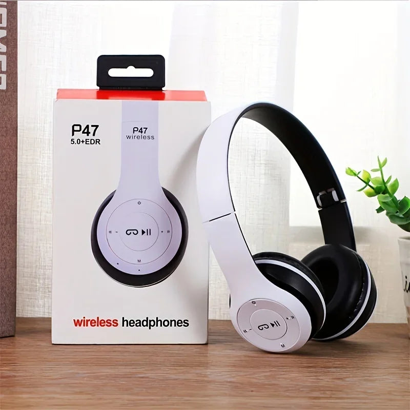 P47 Bluetooth 5.0 Wireless Foldable Headphones – HIFI Stereo Bass with Mic, USB Adapter, Gaming & Kids Gift