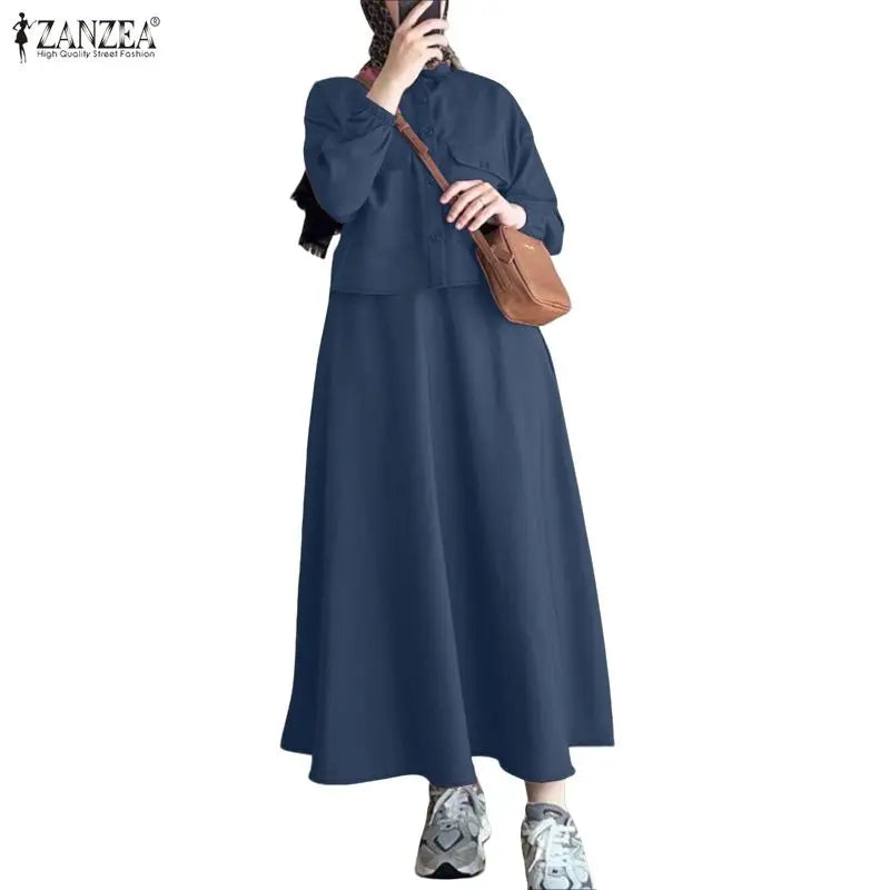Muslim Women's Modest Fashion Skirt Suits Long Sleeve Shirts & A-Line Long Skirts 2 Pieces Sets ZANZEA Islamic Hijabs Outfits