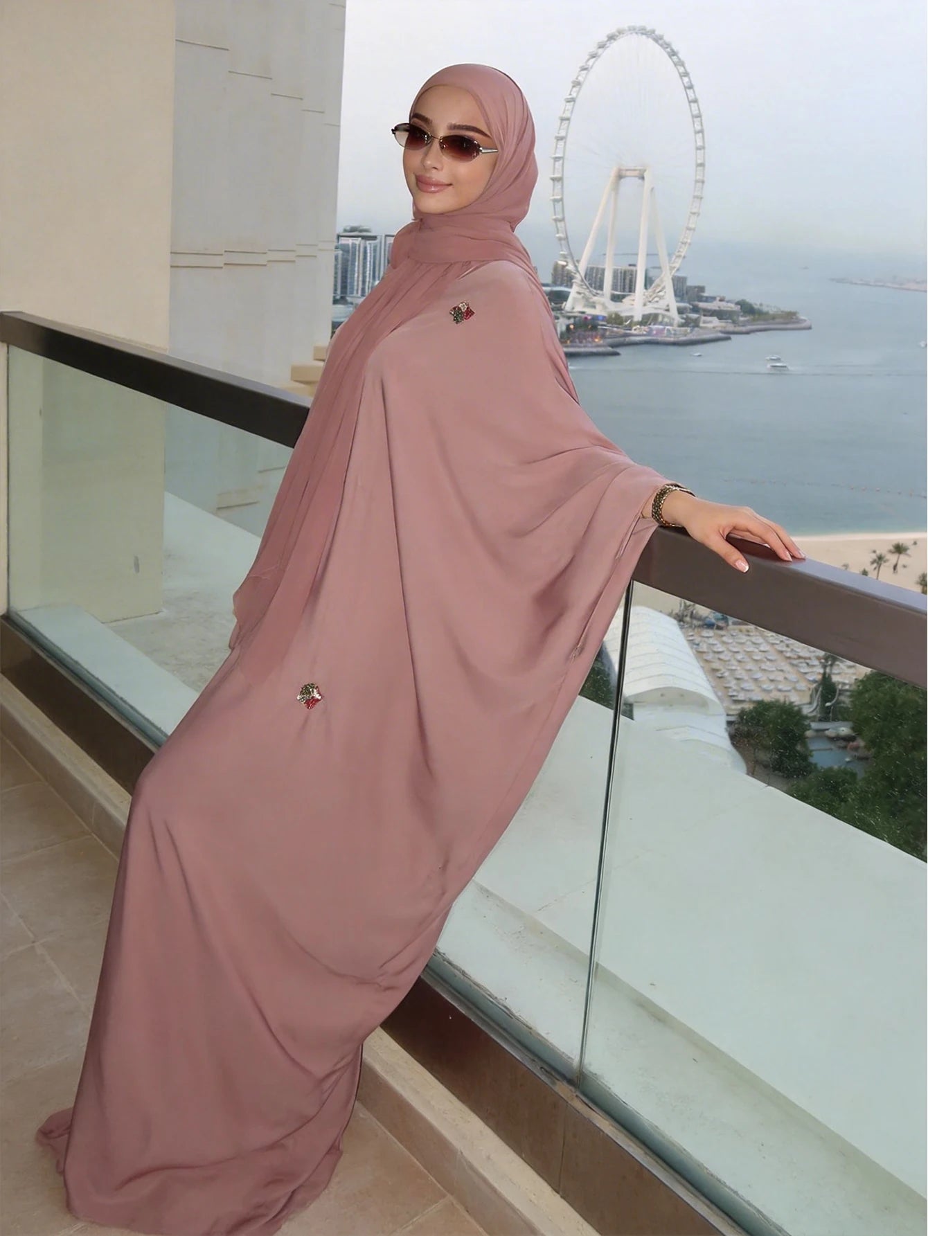Women's Elegant Islamic Clothing, Pink Embroidered Robe, Loose Batwing Sleeve Arab Abaya