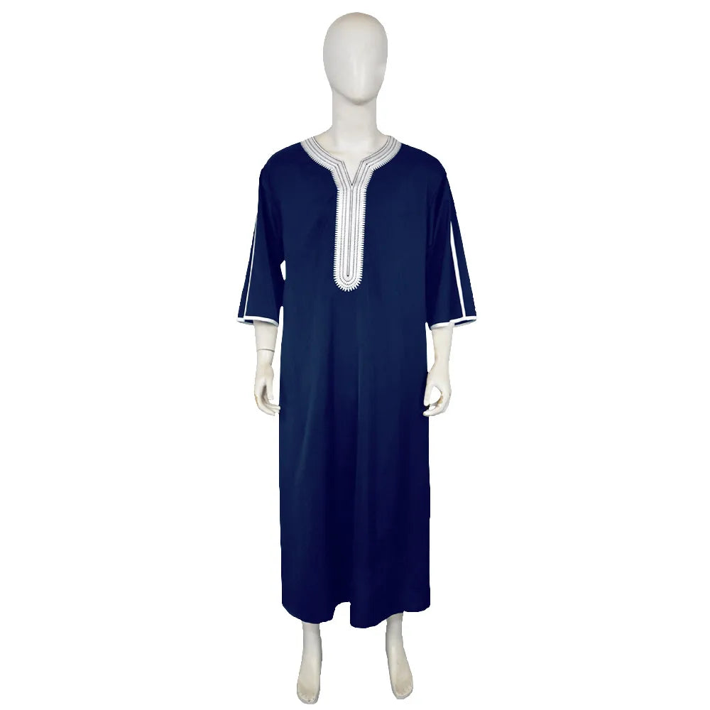 Men's Muslim Thobe Islamic Middle East Traditional Robe Embroidered Short Sleeve Loose Kaftan Arab Abaya Ethnic Clothing