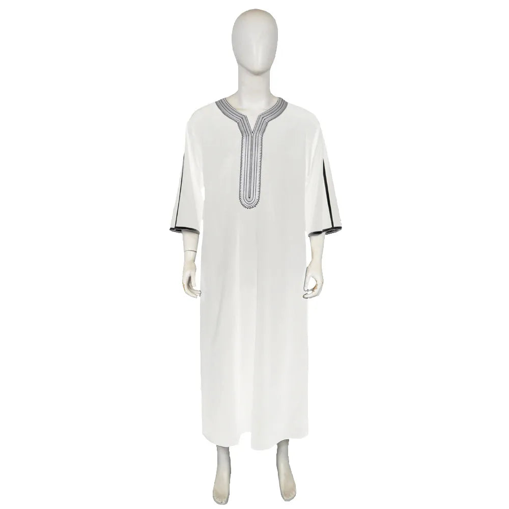 Men's Muslim Thobe Islamic Middle East Traditional Robe Embroidered Short Sleeve Loose Kaftan Arab Abaya Ethnic Clothing