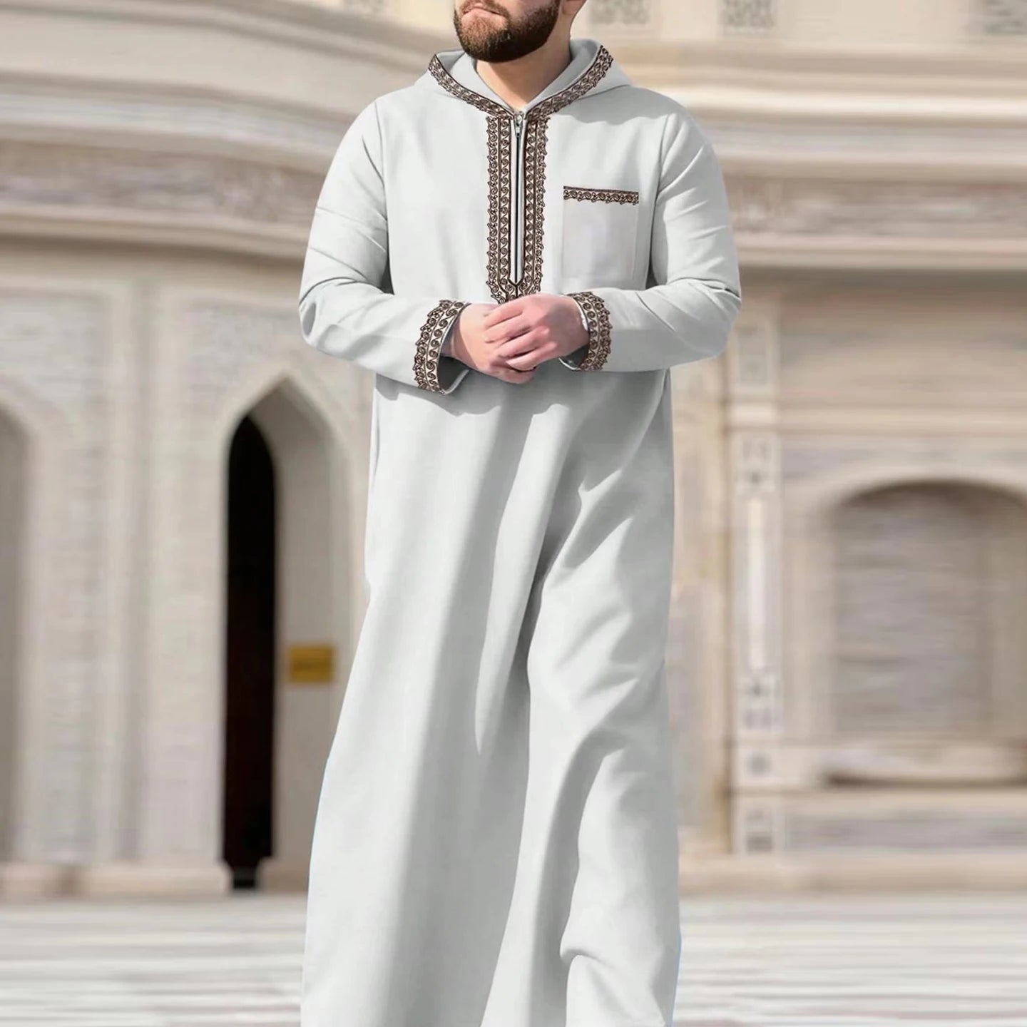 Muslim men's thobe Moroccan long sleeves embroidered hooded design Islamic loose Man Robe Jelleba Traditional Clothing for party