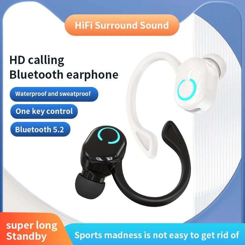 Wireless Bluetooth Earphones – HIFI Bass Ear-Hook Earbuds with HD Mic, Noise Cancelling, Waterproof for Sports & Gaming