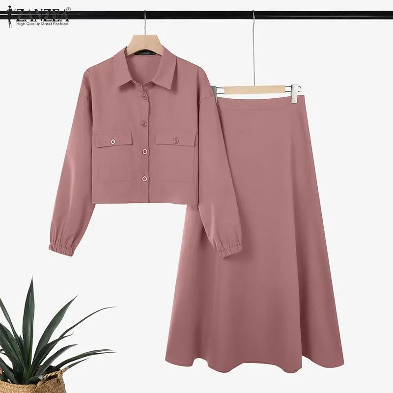 Muslim Women's Modest Fashion Skirt Suits Long Sleeve Shirts & A-Line Long Skirts 2 Pieces Sets ZANZEA Islamic Hijabs Outfits