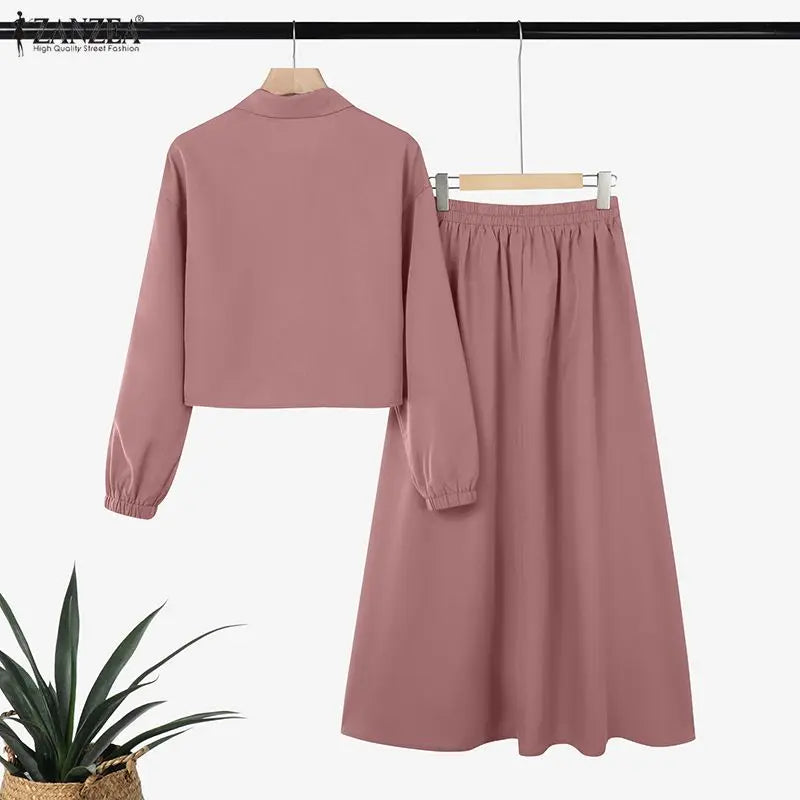 Muslim Women's Modest Fashion Skirt Suits Long Sleeve Shirts & A-Line Long Skirts 2 Pieces Sets ZANZEA Islamic Hijabs Outfits