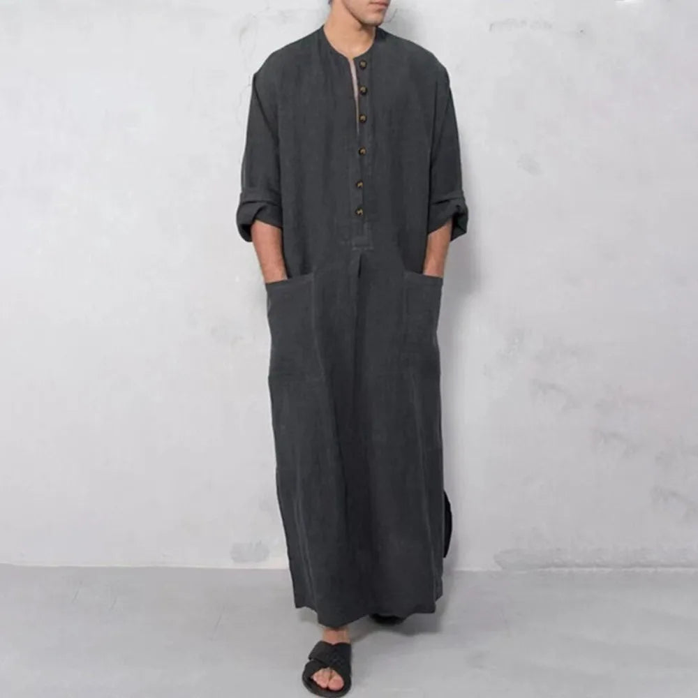 Middle Eastern Mens Thobe Dubai Style Loose Stand Collar Long Sleeve Robe Traditional Islamic Wear