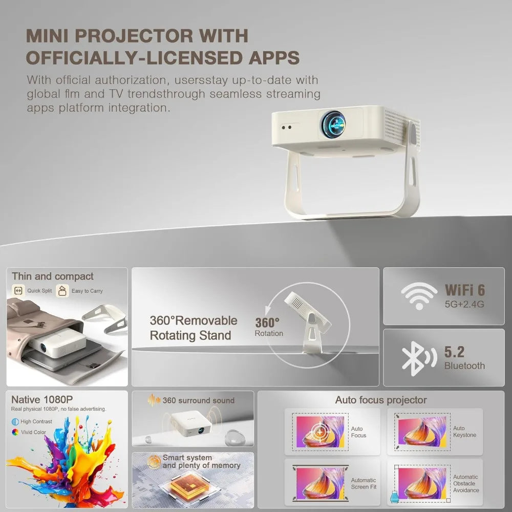 4K Smart Mini Projector WiFi and Bluetooth Support Movie Projector Portable Native 1080P Outdoor Projector with 360° Stand