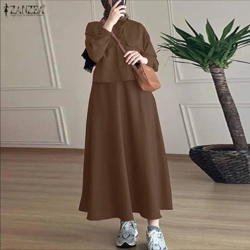 Muslim Women's Modest Fashion Skirt Suits Long Sleeve Shirts & A-Line Long Skirts 2 Pieces Sets ZANZEA Islamic Hijabs Outfits