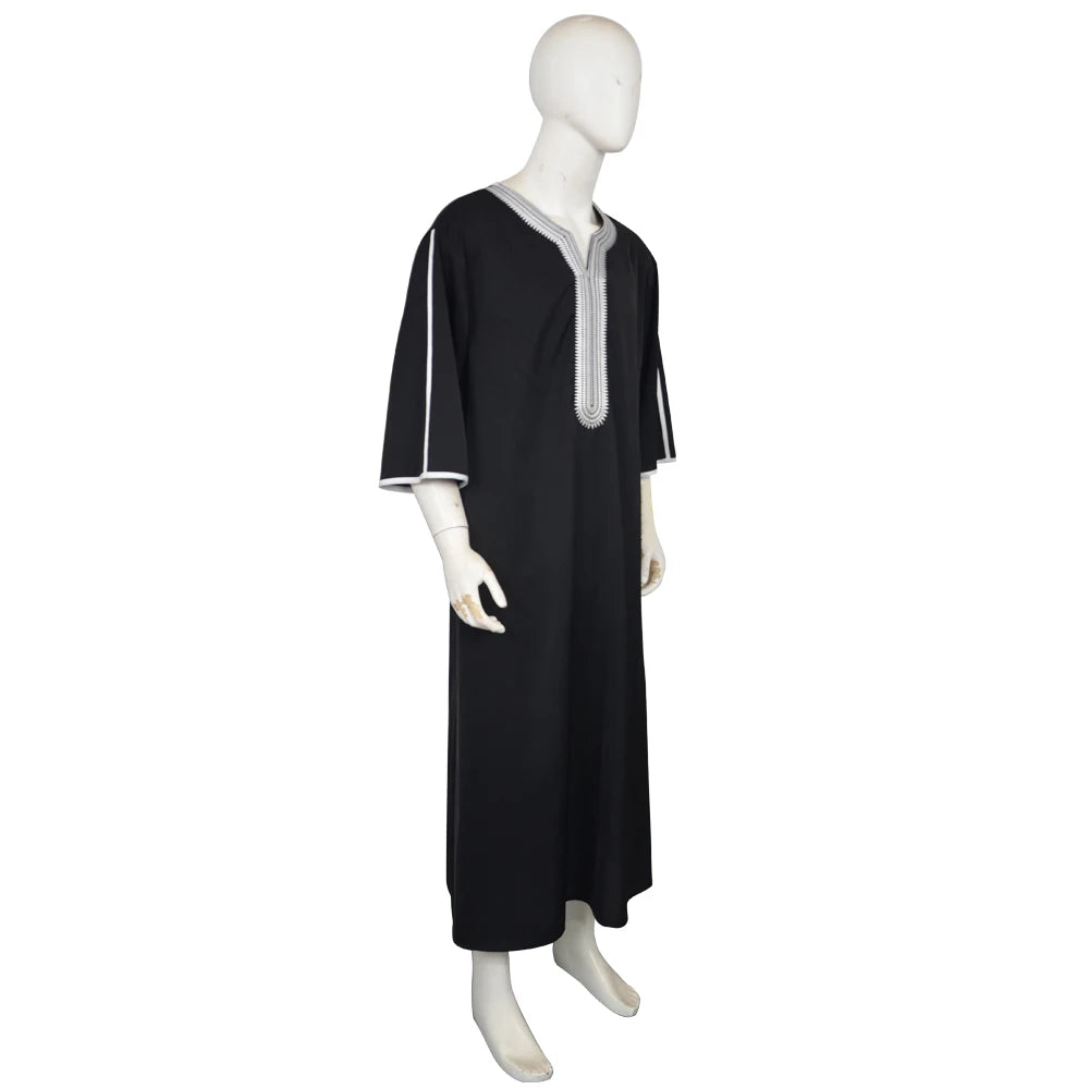 Men's Muslim Thobe Islamic Middle East Traditional Robe Embroidered Short Sleeve Loose Kaftan Arab Abaya Ethnic Clothing