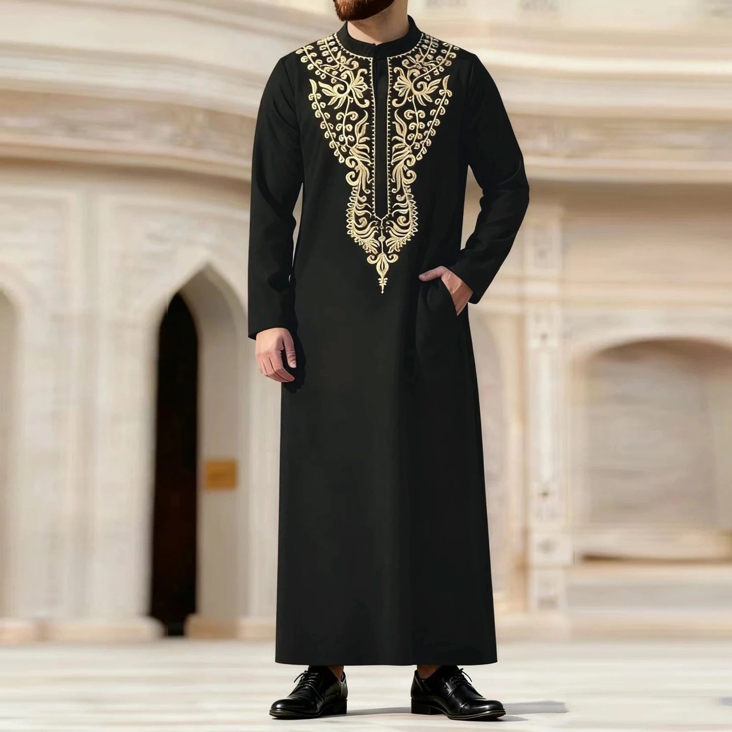 Muslim men's thobe Moroccan long sleeves embroidered hooded design Islamic loose Man Robe Jelleba Traditional Clothing for party