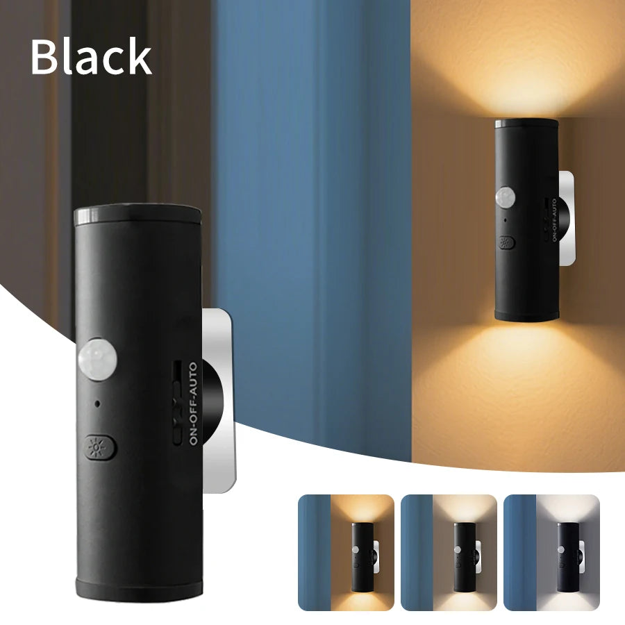 Motion Sensor LED Night Light 3 Color Double-head Wall Lamp Rechargeable Magnetic Spotlight For Bedroom Closet Garden Room Decor