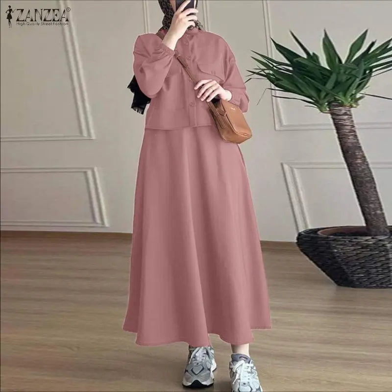Muslim Women's Modest Fashion Skirt Suits Long Sleeve Shirts & A-Line Long Skirts 2 Pieces Sets ZANZEA Islamic Hijabs Outfits