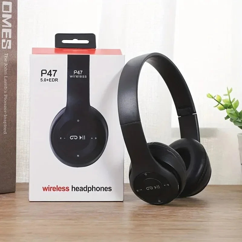 P47 Bluetooth 5.0 Wireless Foldable Headphones – HIFI Stereo Bass with Mic, USB Adapter, Gaming & Kids Gift