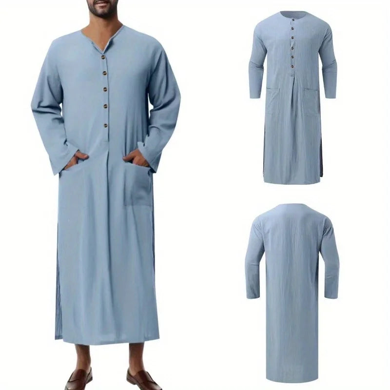 Middle Eastern Mens Thobe Dubai Style Loose Stand Collar Long Sleeve Robe Traditional Islamic Wear