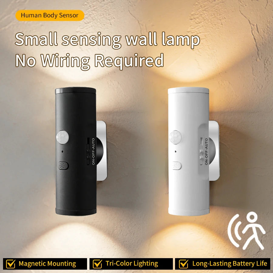 Motion Sensor LED Night Light 3 Color Double-head Wall Lamp Rechargeable Magnetic Spotlight For Bedroom Closet Garden Room Decor